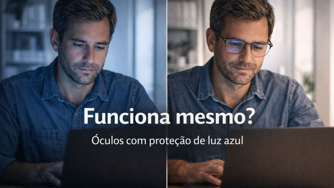 Pessoa trabalhando no computador usando óculos com proteção de luz azul em ambiente moderno.