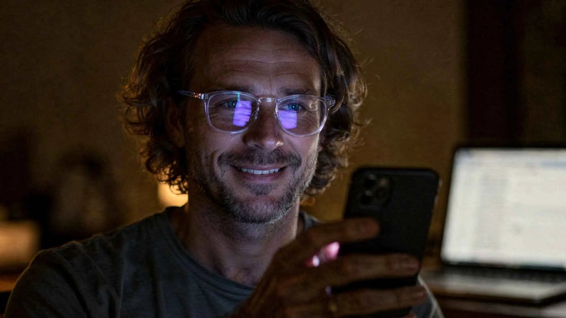 Homem usando óculos com filtro de luz azul enquanto utiliza smartphone à noite em ambiente com pouca iluminação.