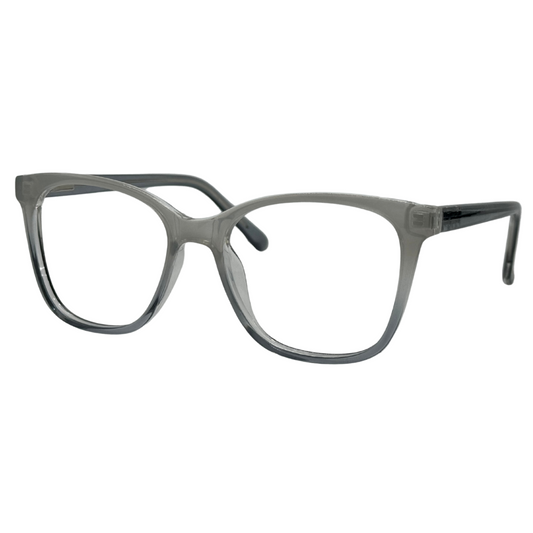 Óculos quadrado cinza com armação leve e resistente. Imagem destacando o design moderno e as lentes transparentes, compatíveis com diferentes graus e tratamentos.