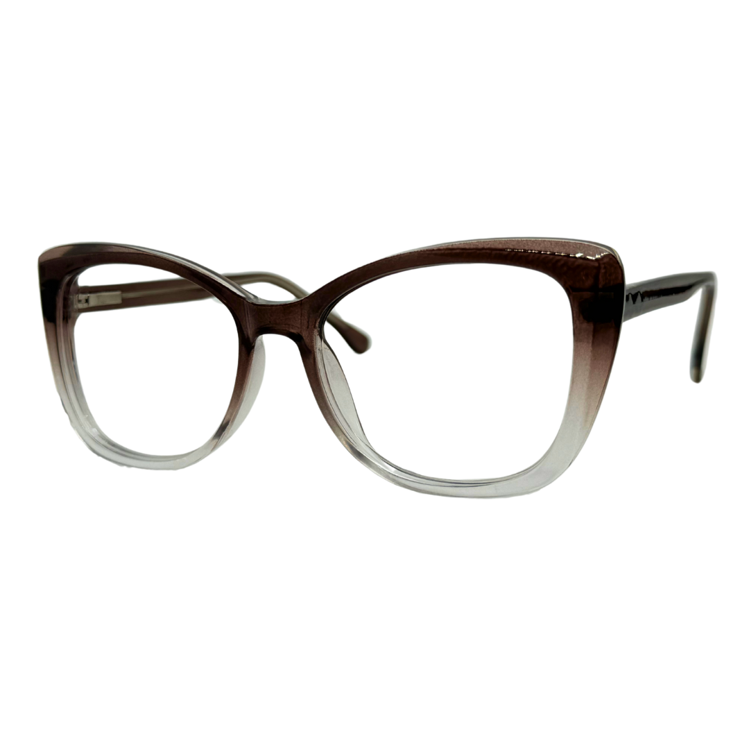 Óculos gatinho marrom degradê com armação leve e resistente. Imagem destacando o design moderno e as lentes transparentes, compatíveis com diferentes graus e tratamentos.