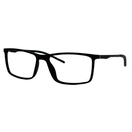 Óculos quadrado preto com armação em acetato leve e resistente. Imagem destacando o design moderno e as lentes transparentes, compatíveis com diferentes graus e tratamentos.