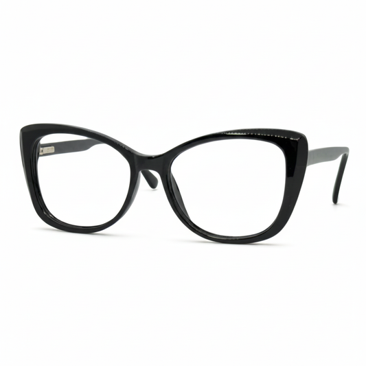 Óculos gatinho preto com armação leve e resistente. Imagem destacando o design moderno e as lentes transparentes, compatíveis com diferentes graus e tratamentos.