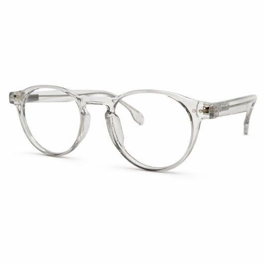 Óculos redondo cinza transparente unissex em acetato leve e resistente. Imagem destacando o design moderno e lentes transparentes compatíveis com miopia e hipermetropia para longe ou perto.