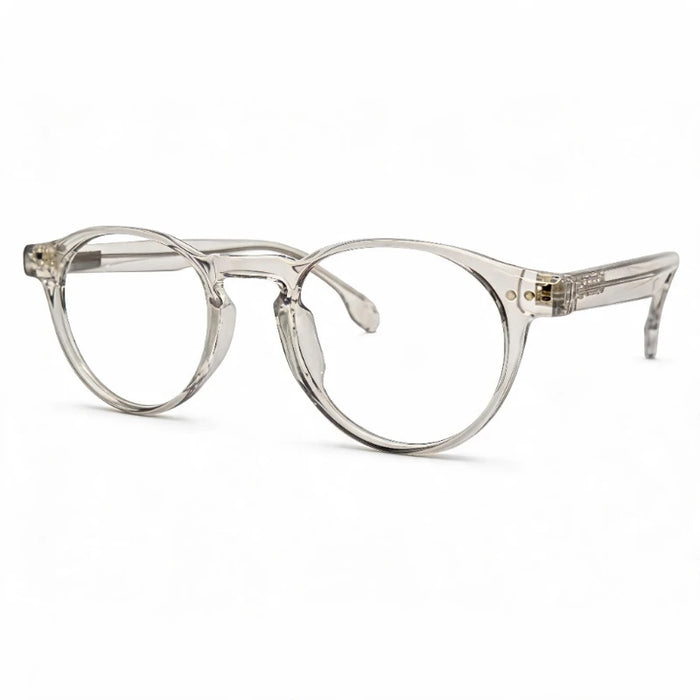 Armação de óculos redonda cristal fumê translúcida em acetato vista em perspectiva, compatível com lentes para miopia, hipermetropia, astigmatismo e multifocal.