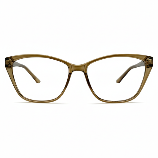 Óculos gatinho âmbar feminino com armação em acetato leve e resistente. Imagem destacando o design moderno e as lentes transparentes, compatíveis com diferentes graus e tratamentos.