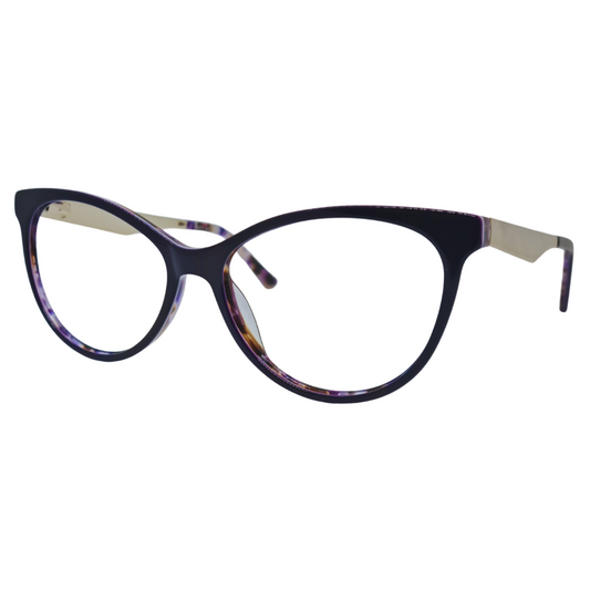 Óculos gatinho roxo feminino com armação em acetato leve e resistente. Imagem destacando o design moderno e as lentes transparentes, compatíveis com diferentes graus e tratamentos.