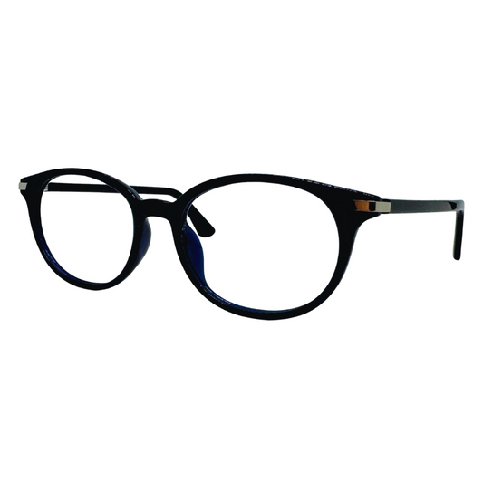 Óculos redondo azul escuro com armação em acetato leve e resistente. Imagem destacando o design moderno e as lentes transparentes, compatíveis com diferentes graus e tratamentos.