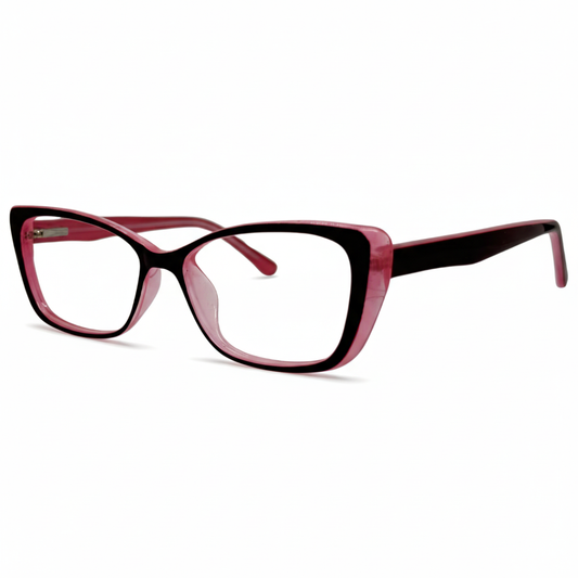 Óculos gatinho rosa feminino com armação em acetato leve e resistente. Imagem destacando o design moderno e as lentes transparentes, compatíveis com diferentes graus e tratamentos.