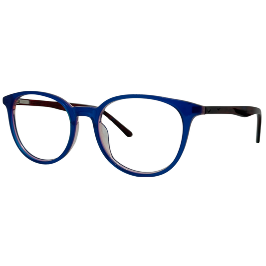Óculos redondo azul feminino com armação em acetato leve e resistente. Imagem destacando o design moderno e as lentes transparentes, compatíveis com diferentes graus e tratamentos.