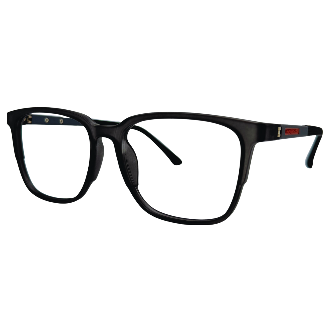 Óculos quadrado cinza fosco masculino com armação em acetato leve e resistente. Imagem destacando o design moderno e as lentes transparentes, compatíveis com diferentes graus e tratamentos.