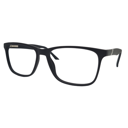 Óculos quadrado preto com armação em acetato leve e resistente. Imagem destacando o design moderno e as lentes transparentes, compatíveis com diferentes graus e tratamentos.