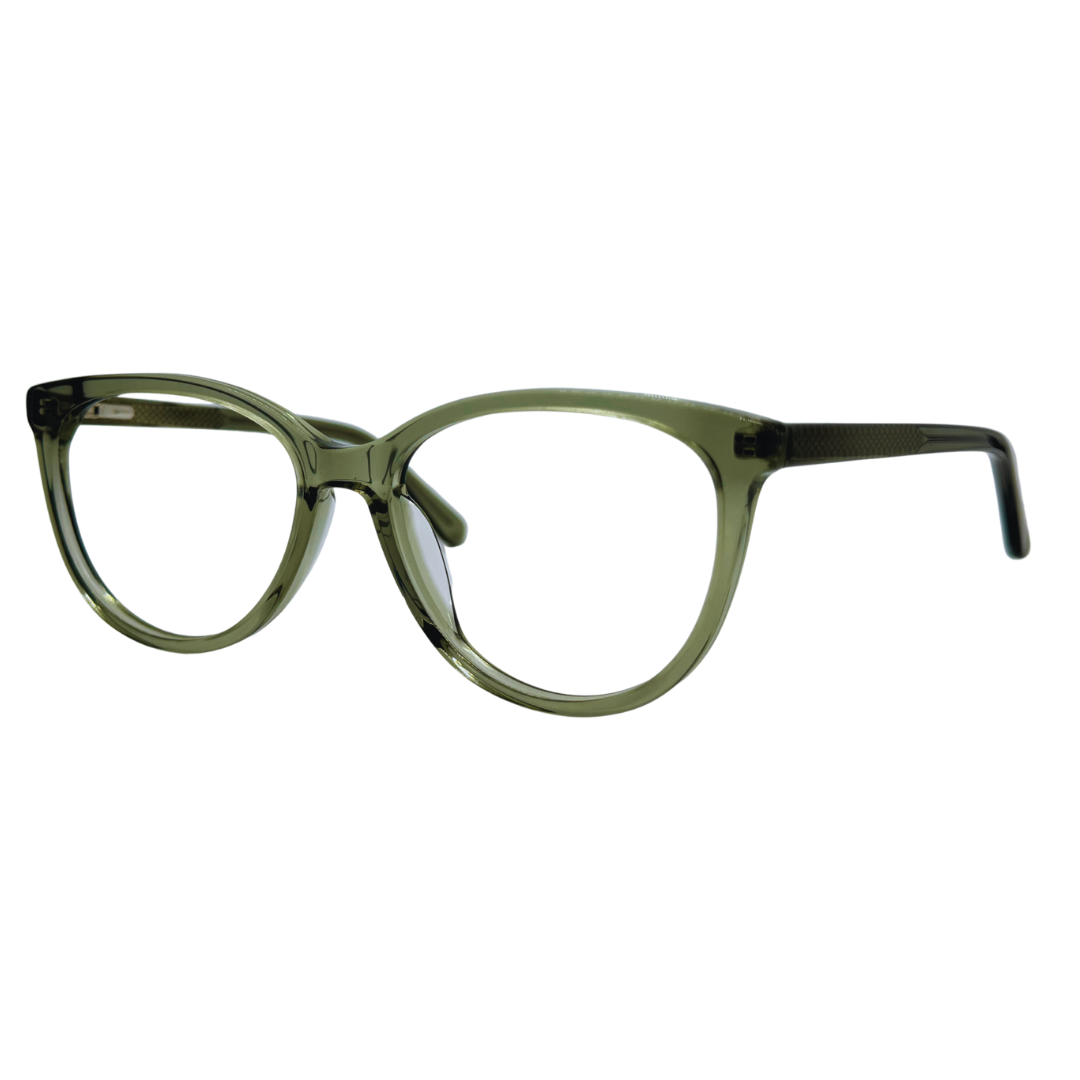 Óculos gatinho verde transparente com armação em acetato leve e resistente. Imagem destacando o design moderno e as lentes transparentes, compatíveis com diferentes graus e tratamentos.