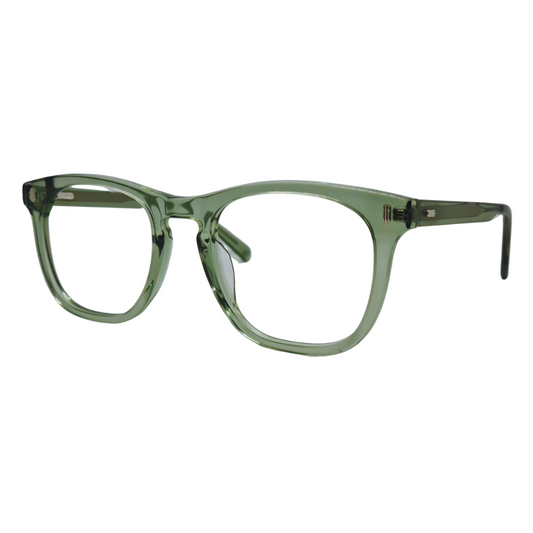 Óculos quadrado verde transparente com armação em acetato leve e resistente. Imagem destacando o design moderno e as lentes transparentes, compatíveis com diferentes graus e tratamentos.