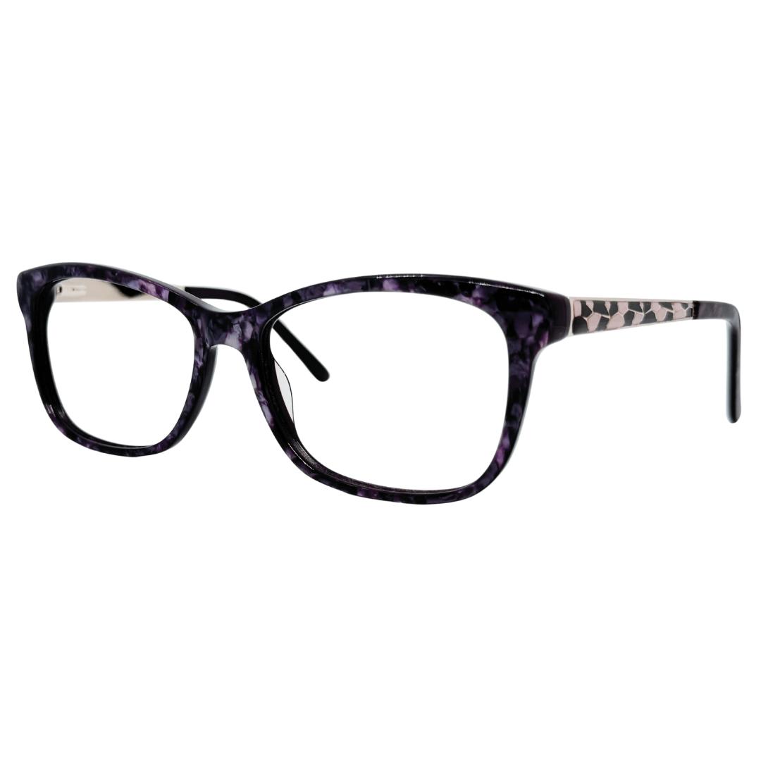 Óculos quadrado roxo feminino com armação em acetato leve e resistente. Imagem destacando o design moderno e as lentes transparentes, compatíveis com diferentes graus e tratamentos.