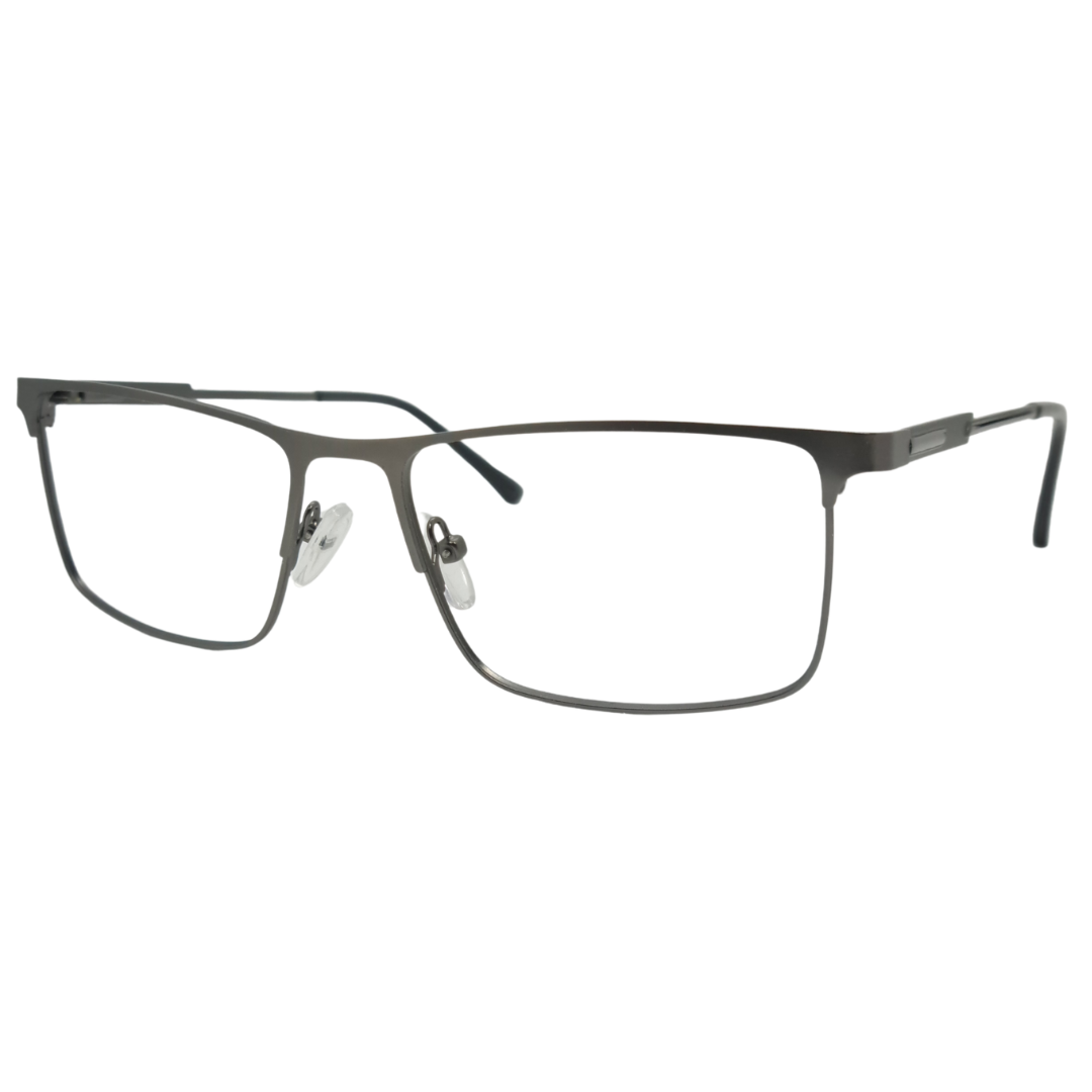 Óculos quadrado grafite unissex com armação em metal leve e resistente. Imagem destacando o design moderno e as lentes transparentes, compatíveis com diferentes graus e tratamentos.
