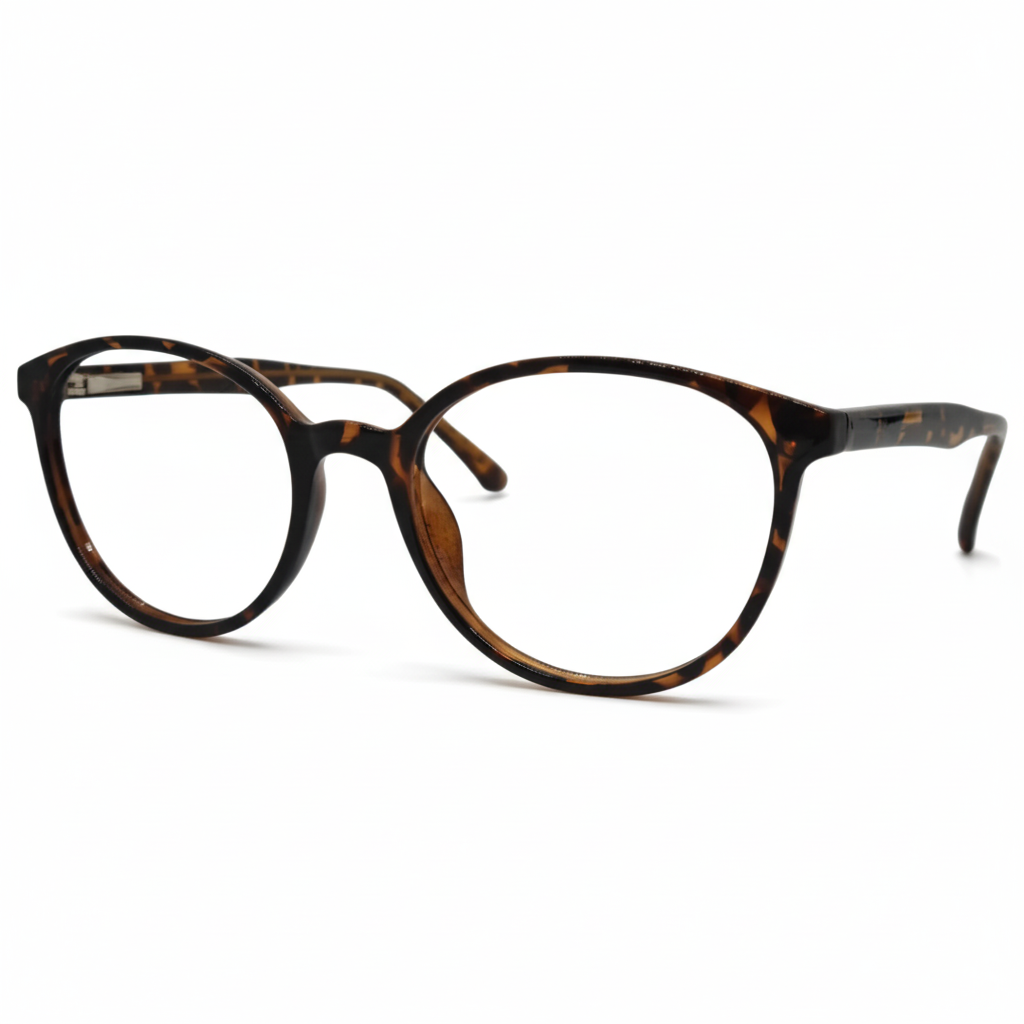Óculos redondo tartaruga feminino com armação em acetato leve e resistente. Imagem destacando o design clássico e as lentes transparentes, compatíveis com diferentes graus e tratamentos.