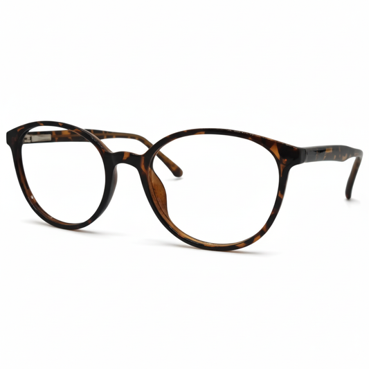 Óculos redondo tartaruga feminino com armação em acetato leve e resistente. Imagem destacando o design clássico e as lentes transparentes, compatíveis com diferentes graus e tratamentos.