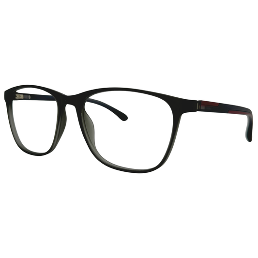 Óculos quadrado cinza fosco masculino com armação em acetato leve e resistente. Imagem destacando o design moderno e as lentes transparentes, compatíveis com diferentes graus e tratamentos.