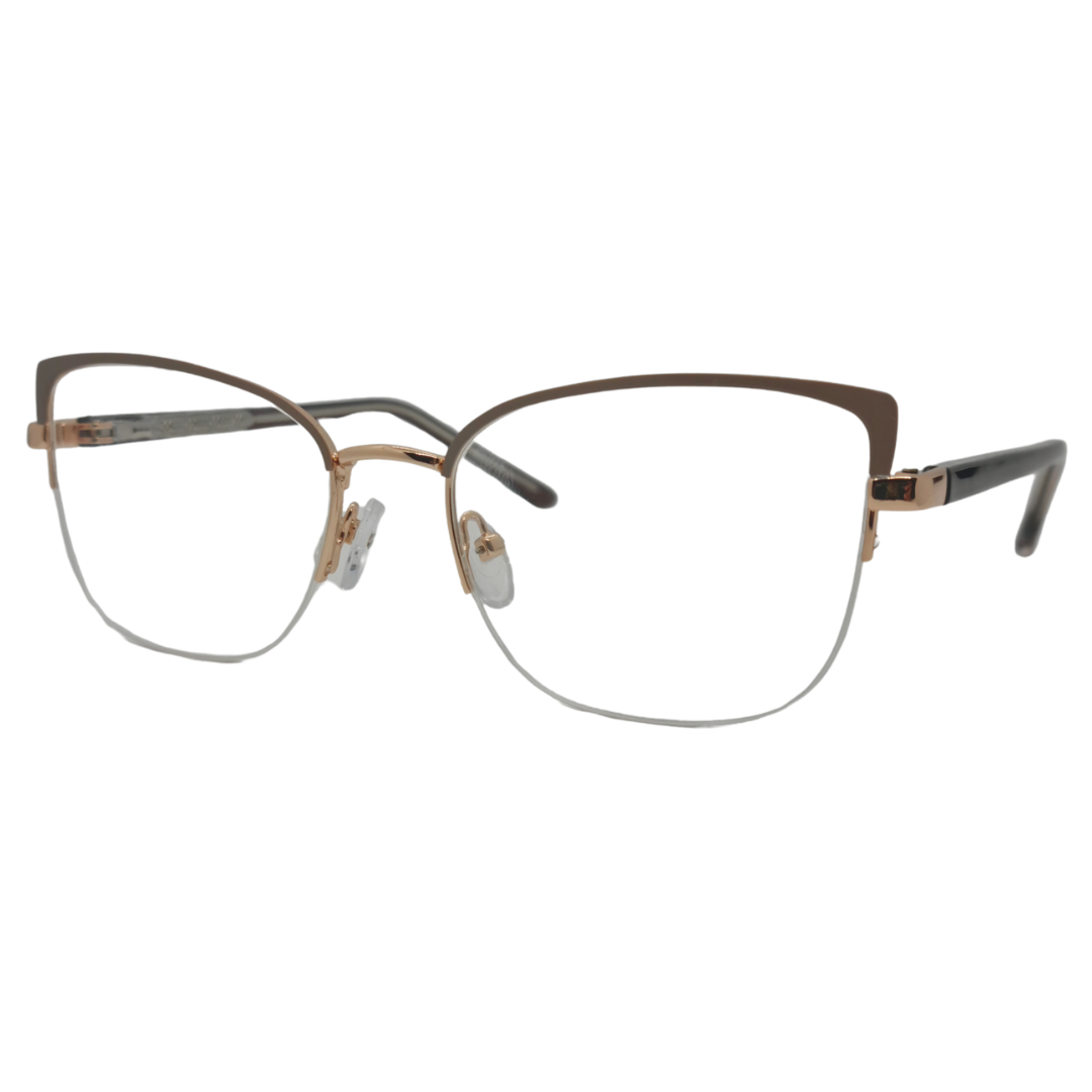 Óculos gatinho nude e rose gold feminino com armação em metal leve e fio de nylon. Imagem destacando o design moderno e as lentes transparentes, compatíveis com diferentes graus e tratamentos.