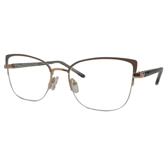 Óculos gatinho nude e rose gold feminino com armação em metal leve e fio de nylon. Imagem destacando o design moderno e as lentes transparentes, compatíveis com diferentes graus e tratamentos.