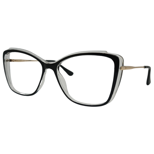 Óculos gatinho preto feminino com armação em acetato leve e resistente. Imagem destacando o design moderno e as lentes transparentes, compatíveis com diferentes graus e tratamentos.