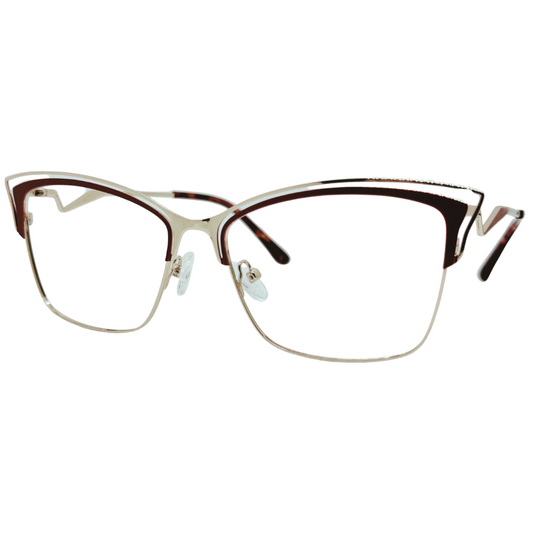 Óculos gatinho quadrado vermelho com armação em metal leve e resistente. Imagem destacando o design moderno e as lentes transparentes, compatíveis com diferentes graus e tratamentos.