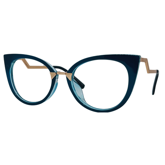 Óculos gatinho azul com armação em acetato leve e resistente. Imagem destacando o design moderno e as lentes transparentes, compatíveis com diferentes graus e tratamentos.