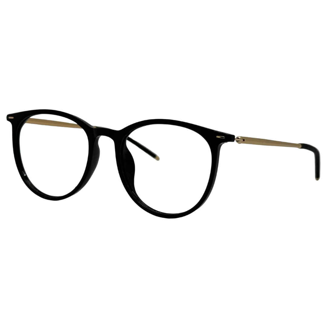 Óculos preto com armação em acetato leve e resistente. Imagem destacando o design moderno e as lentes transparentes, compatíveis com diferentes graus e tratamentos.