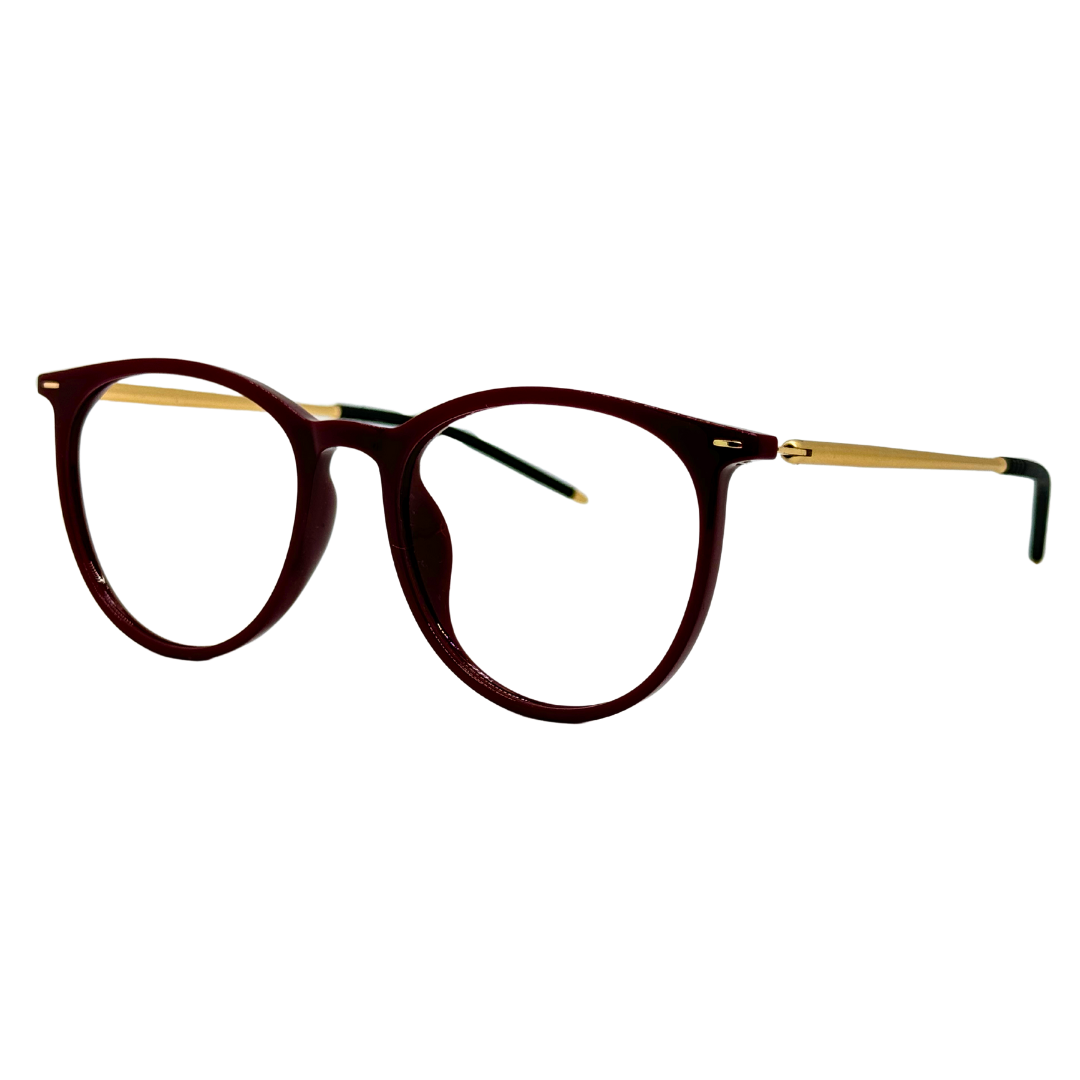 Óculos redondo vinho com armação leve e resistente. Imagem destacando o design moderno e as lentes transparentes, compatíveis com diferentes graus e tratamentos.