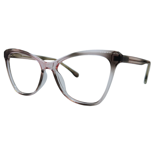 Óculos gatinho rosa rajado feminino com armação em acetato leve e resistente. Imagem destacando o design elegante e as lentes transparentes, compatíveis com diferentes graus e tratamentos.