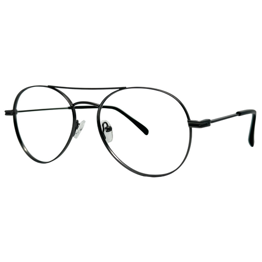 Óculos aviador grafite unissex com armação em metal leve e resistente. Imagem destacando o design clássico e as lentes transparentes, compatíveis com diferentes graus e tratamentos.