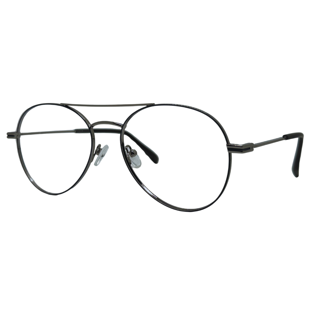 Óculos aviador prata unissex com armação em metal leve e resistente. Imagem destacando o design clássico e as lentes transparentes, compatíveis com diferentes graus e tratamentos.