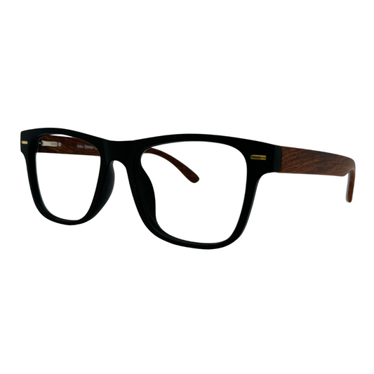 Óculos quadrado preto e madeira com armação em acetato leve e resistente. Imagem destacando o design moderno e as lentes transparentes, compatíveis com diferentes graus e tratamentos.