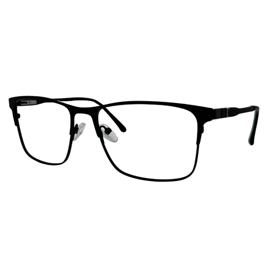 Óculos quadrado preto masculino com armação em metal leve e resistente. Imagem destacando o design moderno e as lentes transparentes, compatíveis com diferentes graus e tratamentos.