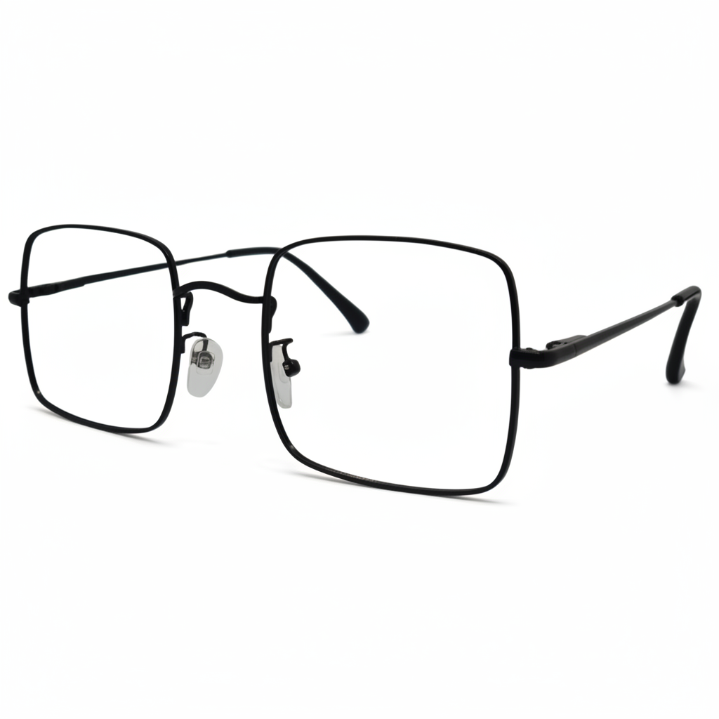 Óculos feminino quadrado preto em metal leve e resistente. Imagem destacando o design elegante, hastes finas e lentes transparentes compatíveis com diferentes graus.