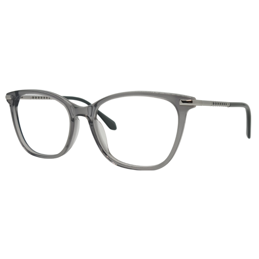 Óculos quadrado cinza transparente unissex com armação em acetato leve e resistente. Imagem destacando o design minimalista e as lentes transparentes, compatíveis com diferentes graus e tratamentos.