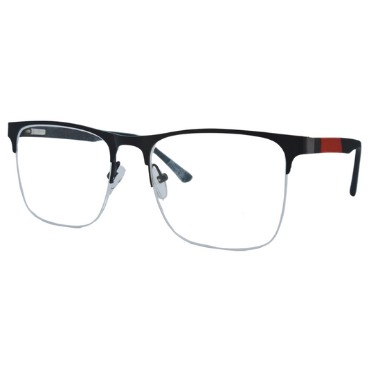 Óculos quadrado preto masculino com armação em fio de nylon e metal leve e resistente. Imagem destacando o design moderno e as lentes transparentes, compatíveis com diferentes graus e tratamentos.
