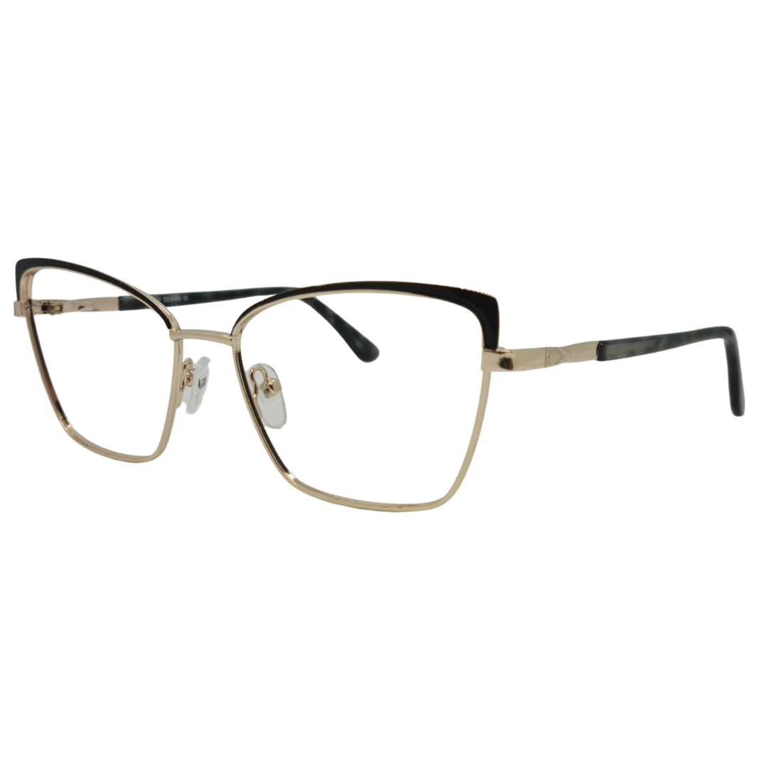 Óculos gatinho dourado com preto feminino com armação em metal leve e resistente. Imagem destacando o design refinado e as lentes transparentes, compatíveis com diferentes graus e tratamentos.