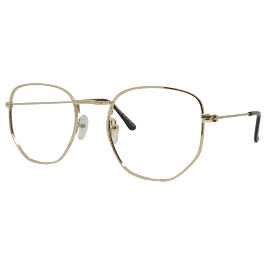Óculos sextavado dourado unissex com armação em metal leve e resistente. Imagem destacando o design moderno e as lentes transparentes, compatíveis com diferentes graus e tratamentos.