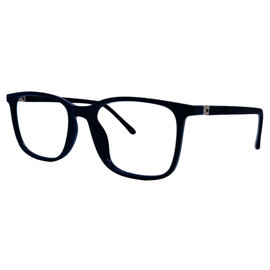 Óculos quadrado azul marinho com armação em acetato leve e resistente. Imagem destacando o design moderno e as lentes transparentes, compatíveis com diferentes graus e tratamentos.