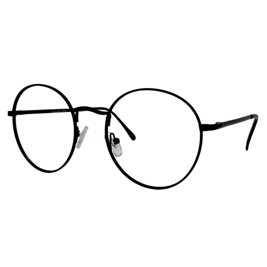 Óculos redondo preto com armação em metal leve e resistente. Imagem destacando o design moderno e as lentes transparentes, compatíveis com diferentes graus e tratamentos.