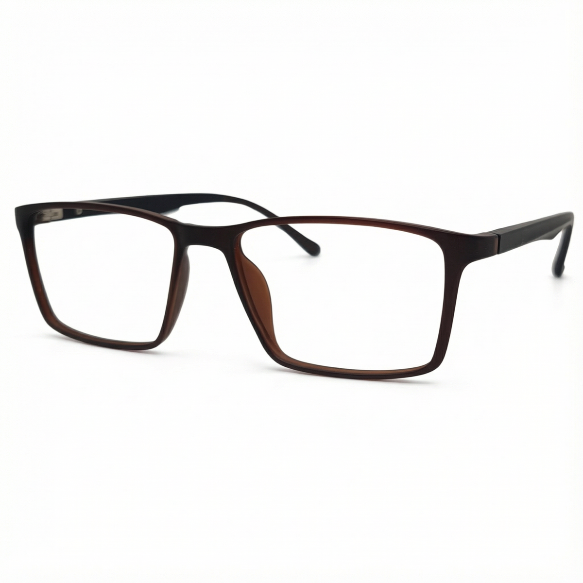 Óculos masculino quadrado marrom em acetato leve e resistente. Imagem destacando o design moderno, hastes sólidas e lentes transparentes compatíveis com diferentes graus.