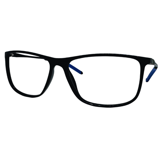 Óculos quadrado preto e azul com armação em acetato leve e resistente. Imagem destacando o design moderno e as lentes transparentes, compatíveis com diferentes graus e tratamentos.