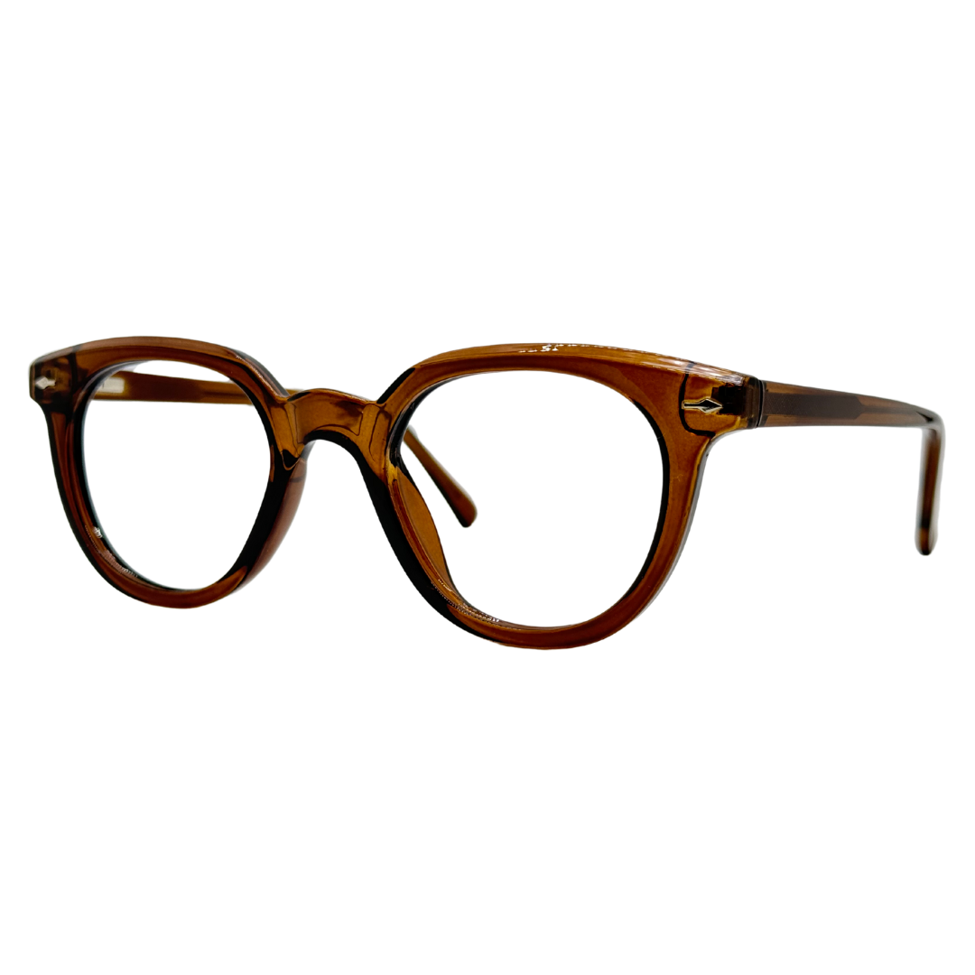 Óculos quadrado marrom âmbar com armação em acetato leve e resistente. Imagem destacando o design moderno e as lentes transparentes, compatíveis com diferentes graus e tratamentos.
