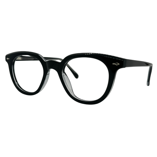 Óculos preto unissex com design quadrado redondo em acetato leve e resistente. Imagem destacando o design moderno e as lentes transparentes, compatíveis com diferentes graus e tratamentos.