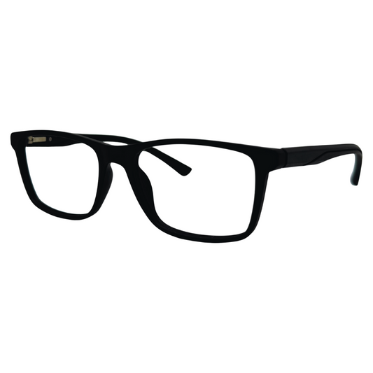 Óculos quadrado preto masculino com armação leve e resistente. Imagem destacando o design moderno e as lentes transparentes, compatíveis com diferentes graus e tratamentos.