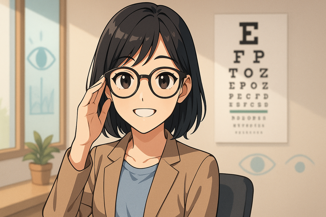 Ilustração em estilo anime de uma jovem sorridente usando óculos, em um consultório oftalmológico moderno, com tabela de visão ao fundo.