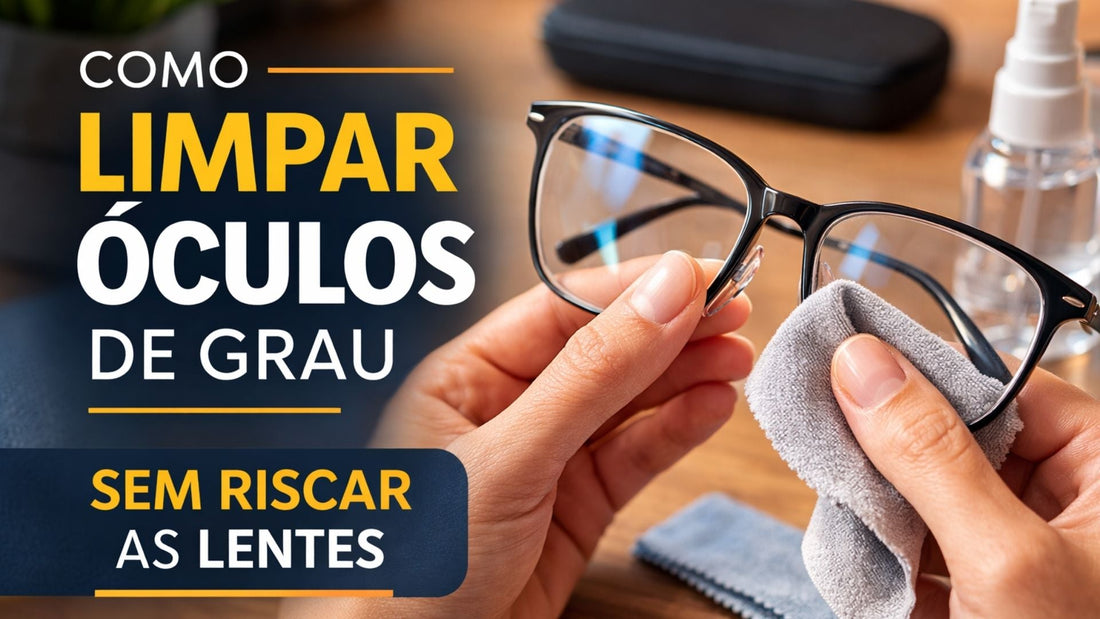 Mãos limpando óculos de grau com pano de microfibra de forma correta e cuidadosa.