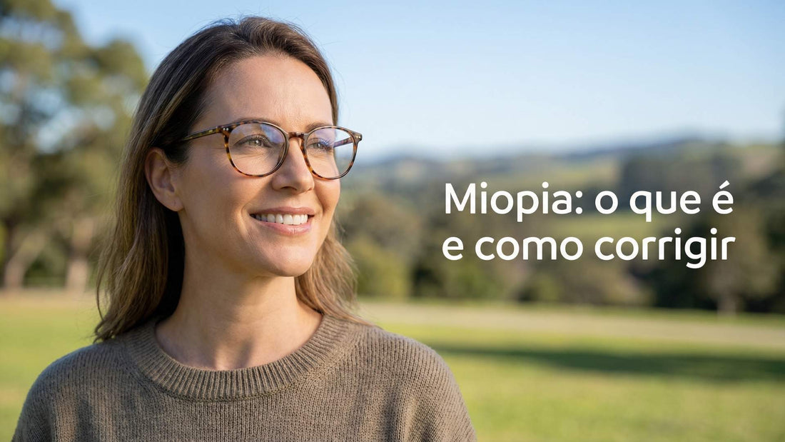 Pessoa usando óculos de grau olhando para longe com expressão de conforto visual, representando a correção da miopia e visão nítida após o uso de óculos.