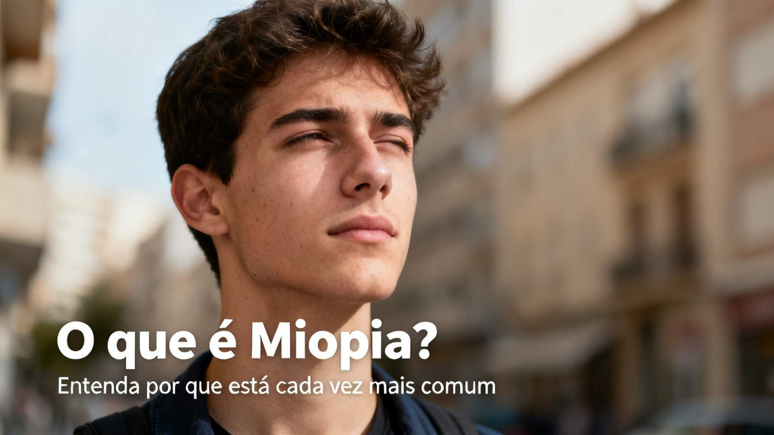 Pessoa olhando para longe com o fundo desfocado, representando dificuldade para enxergar à distância causada pela miopia.